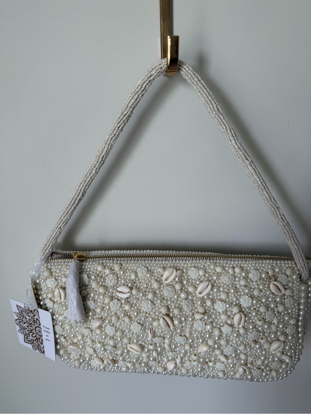 Beaded Cream White Shell Pearl Shoulder Bag - Picture 3 of 5